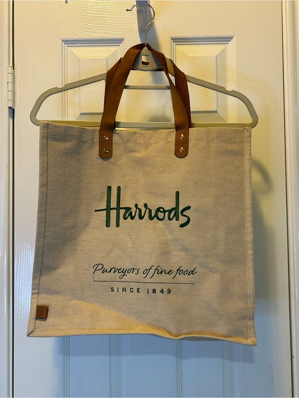 Harrods Natural Canvas Tote with Green Logo and Tan Handles